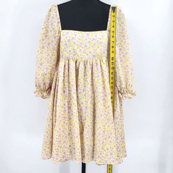 Storia Puff Sleeve Babydoll Mini Dress Size Large White Pink Yellow Floral - Picture 7 of 11
